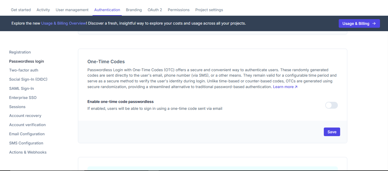 One-Time Codes Settings